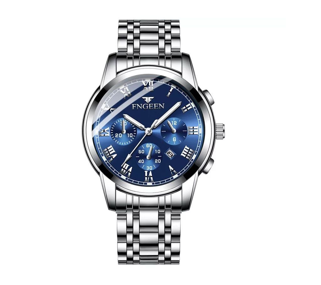 FNGEEN Mens Silver-Blue Luxury Luminous Hands Wrist Watch