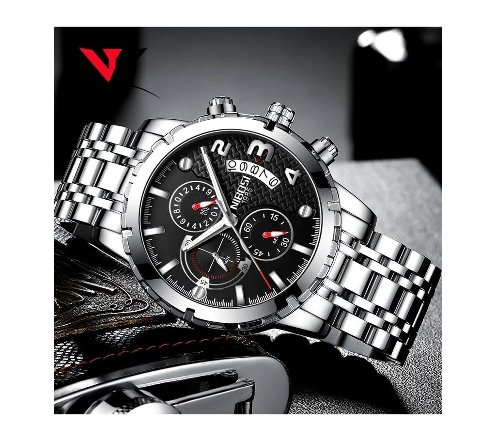 NIBOSI Mens Luminous Silver-Black Top Brand Luxury Chronograph Business Wrist Watch
