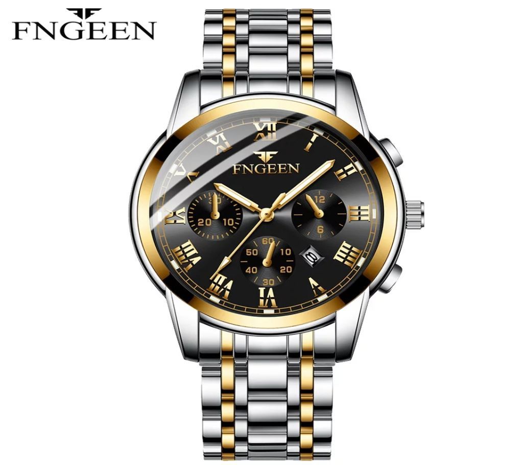 FNGEEN Mens Silver-Black Luxury Luminous Hands Wrist Watch