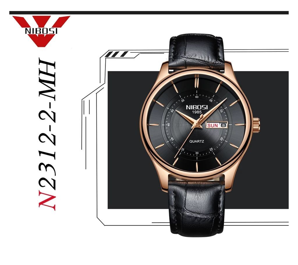 NIBOSI Mens Leather Black Quartz Wrist Watch