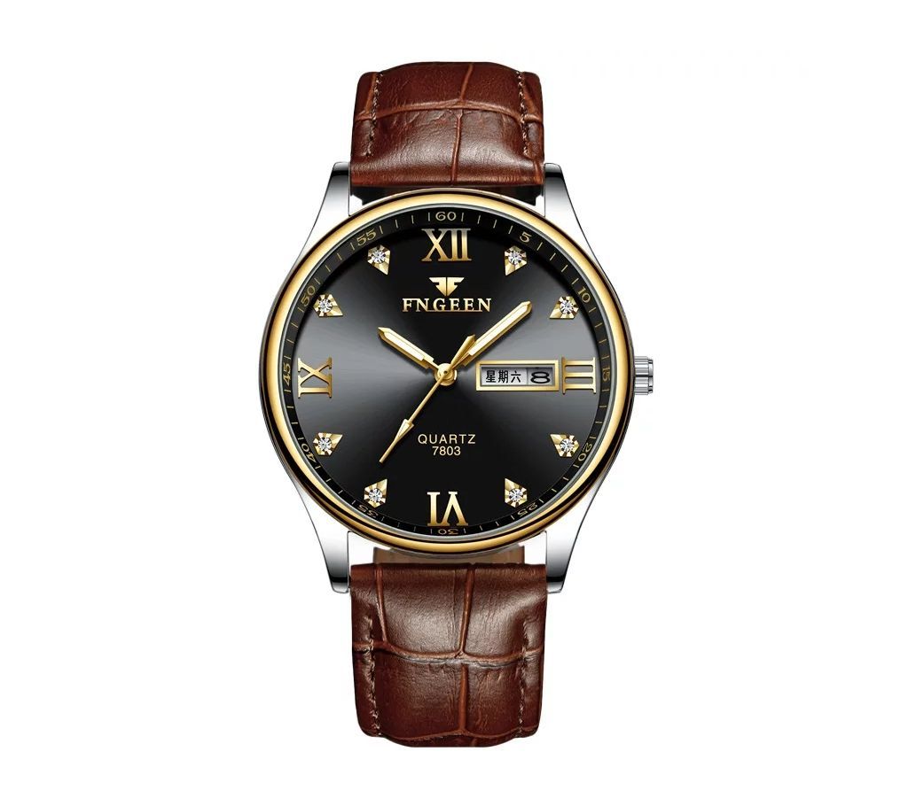 FNGEEN Mens Leather Brown-Black Luxury Business Luminous Hands Wrist Watch
