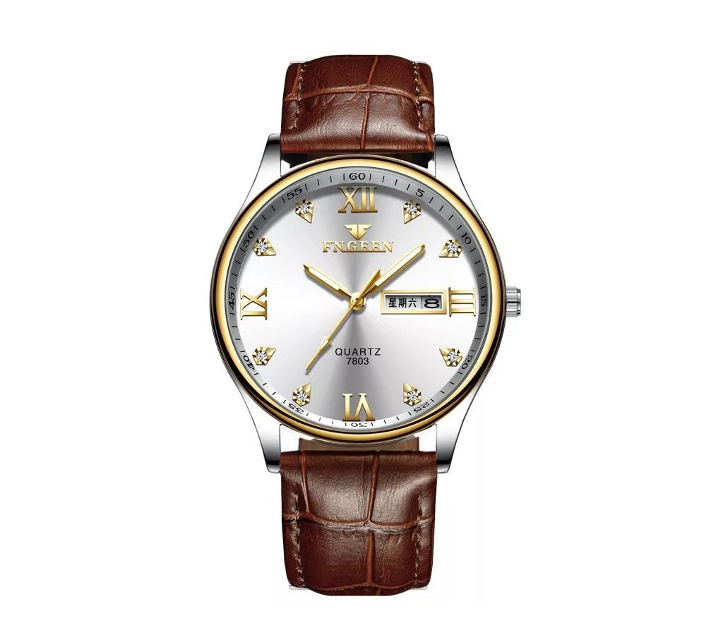FNGEEN Mens Leather Brown-Silver Luxury Business Luminous Hands Wrist Watch