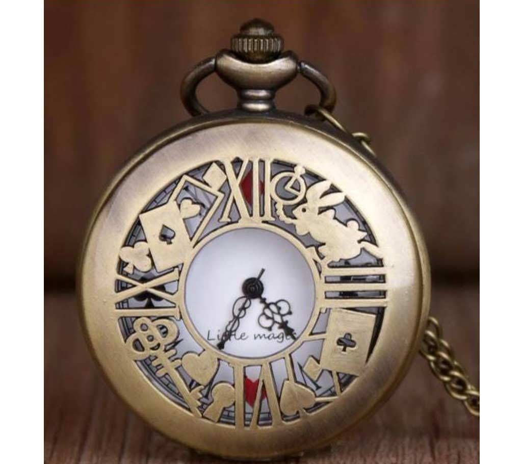 Bronze Quartz Pocket Watch Alice in Wonderland Long Chain