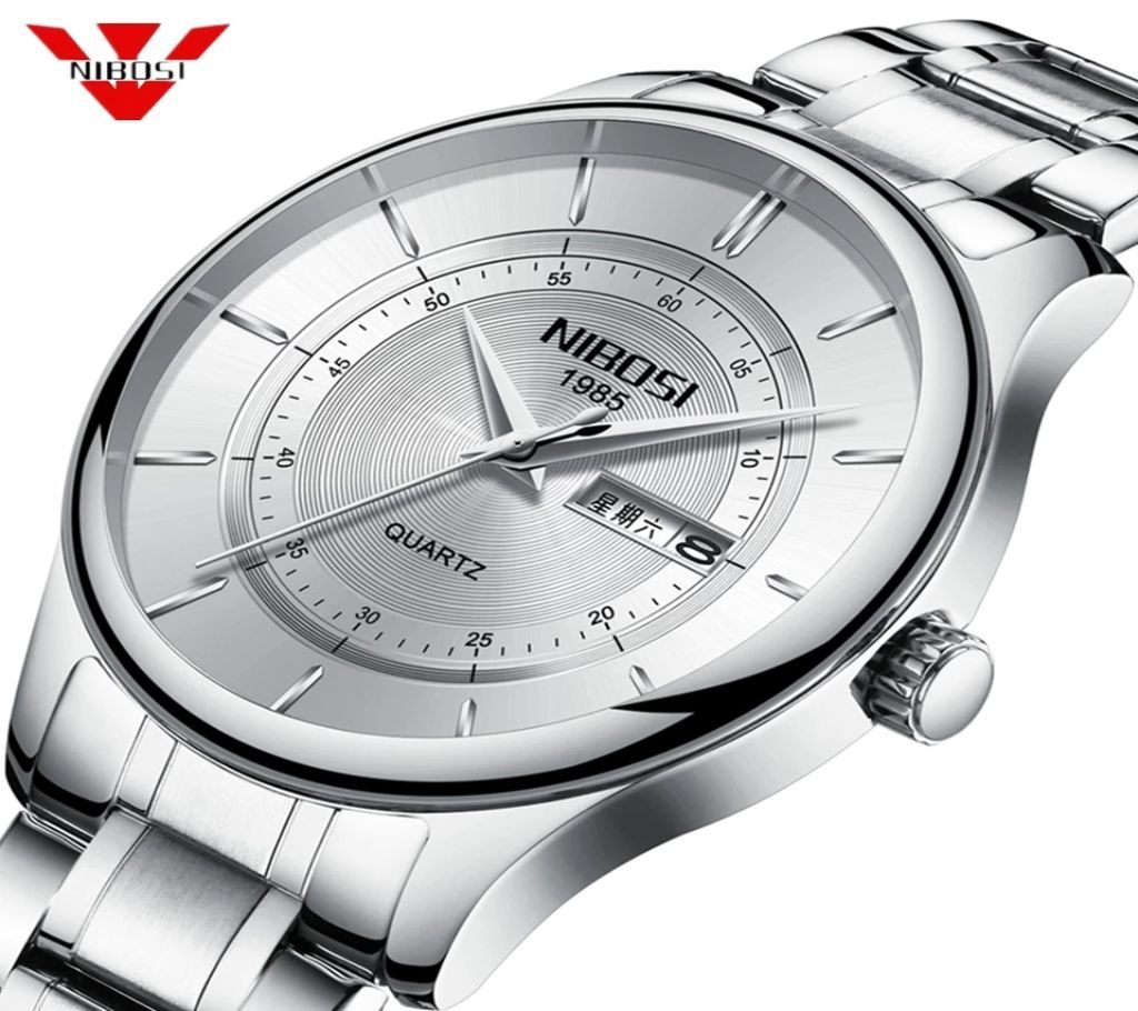NIBOSI Mens Luxury Full Silve Quartz Wrist Watch