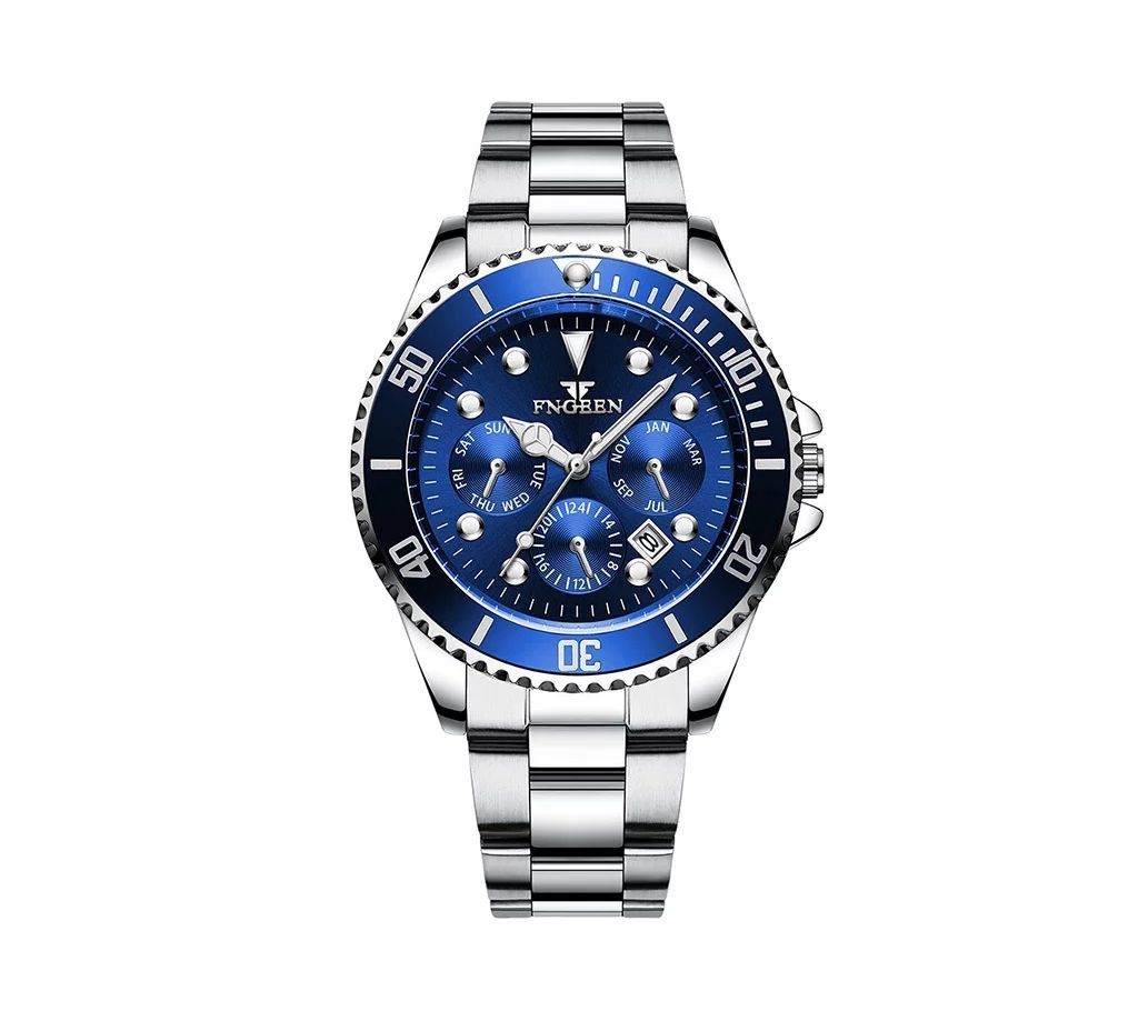 FNGEEN Mens Business Silver-Blue Quartz Luminous Wrist Watch
