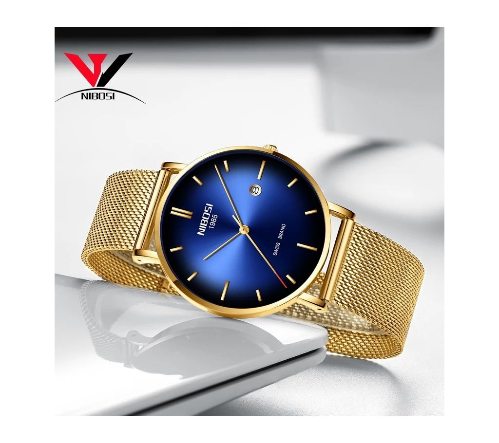 NIBOSI Mens Ultra Thin Golden-Blue Classic Wrist Watch