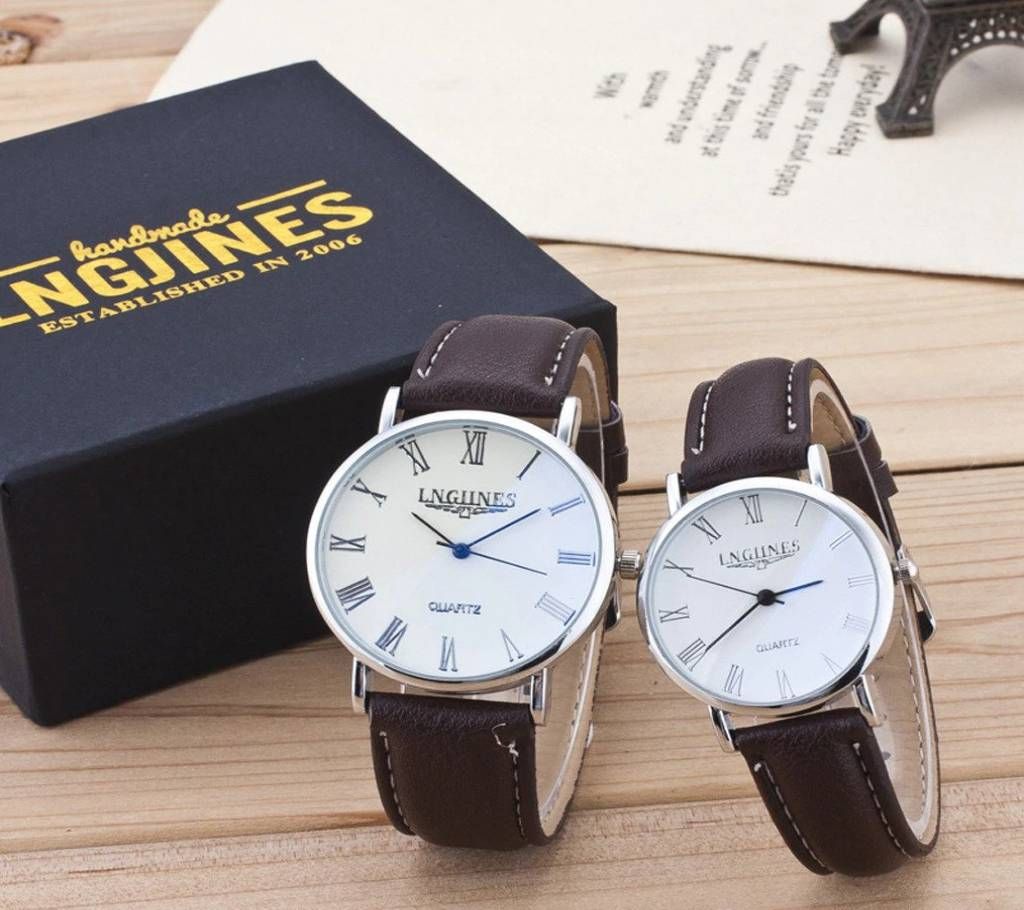 Couple High Gloss Glass PU Leather Belt Watch
