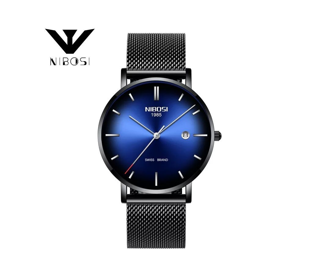 NIBOSI Mens Ultra Thin Black-Blue Wrist Watch