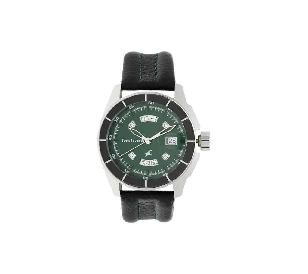 GREEN DIAL BLACK LEATHER STRAP WATCH