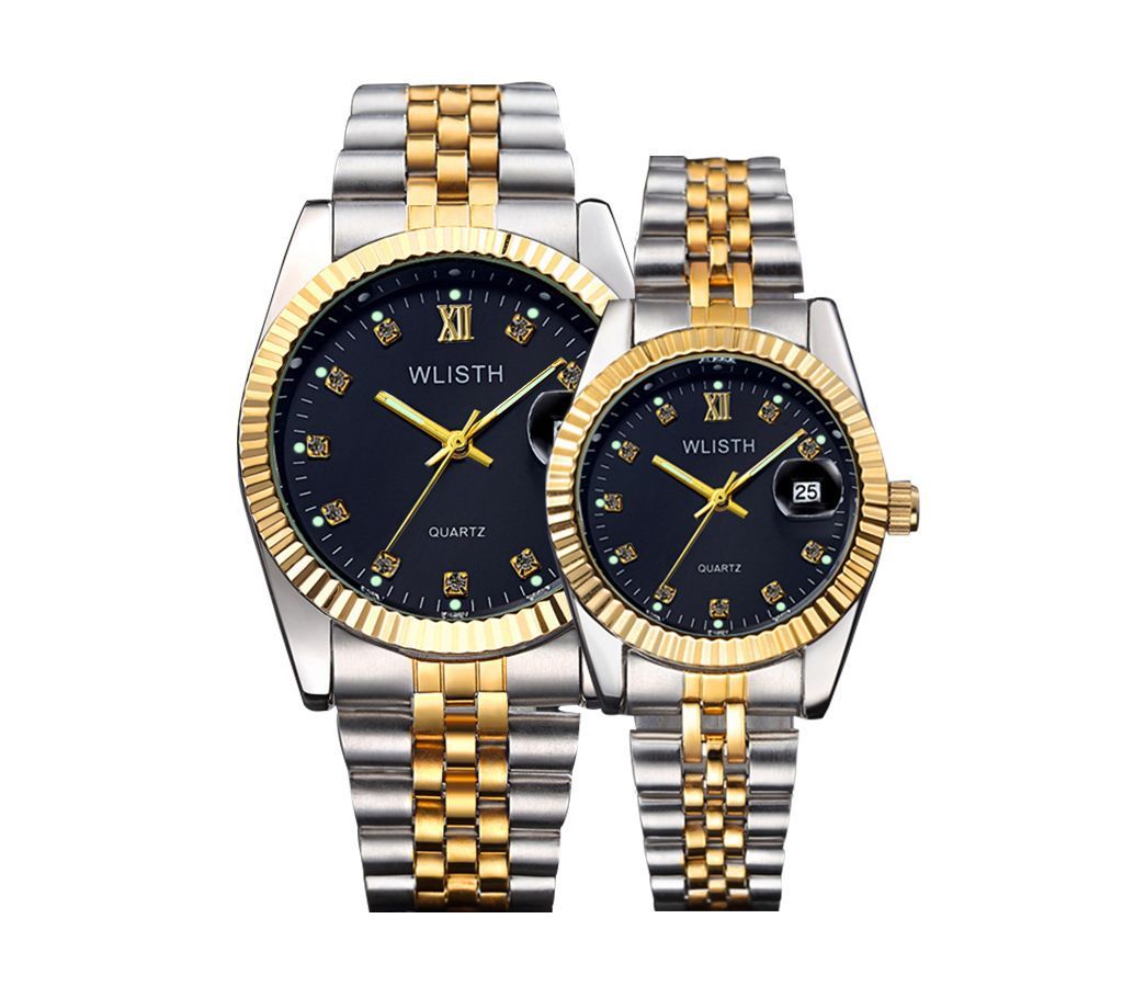 WLISTH Combo Lover Silver-Black Luxury Auto Date Wrist Watch