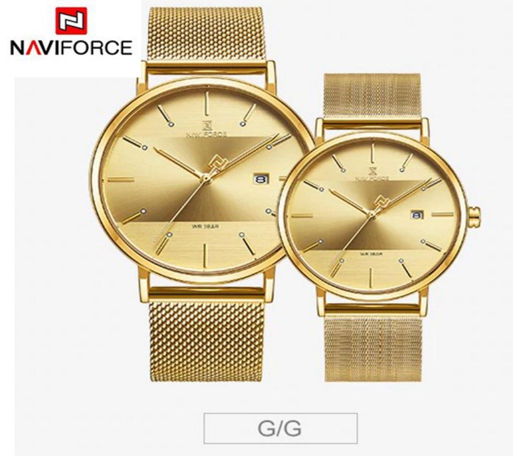 Naviforce NF1450 - GOLDEN ,BLUE and lead colur COUPLE wrist analog watch Business class