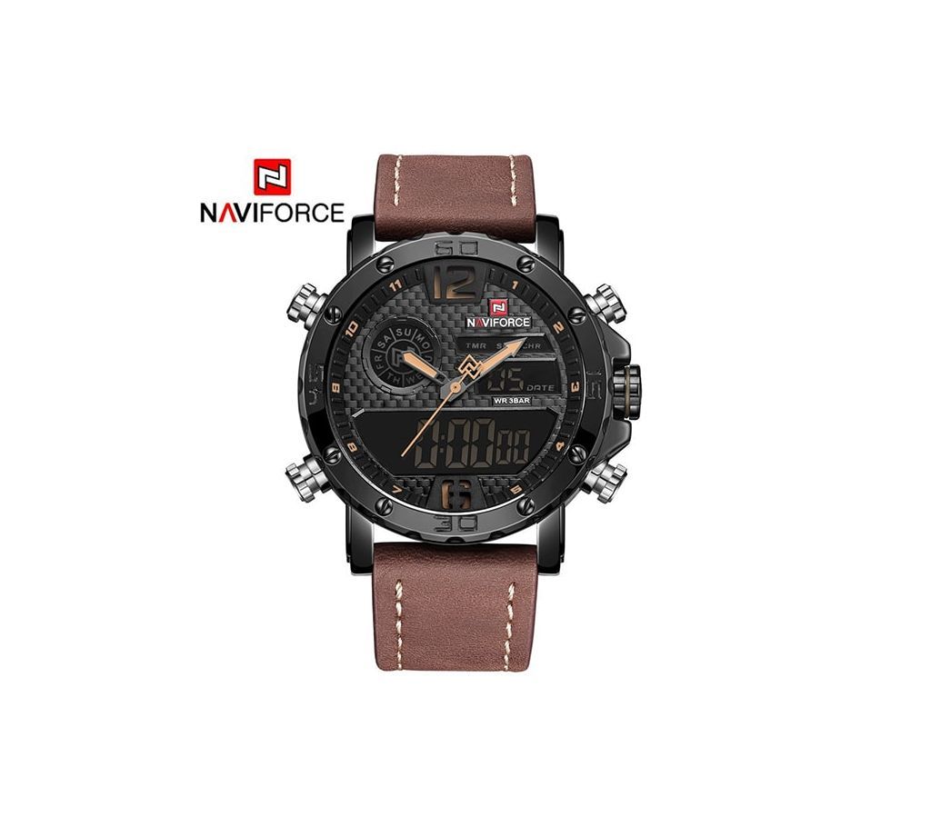 NAVIFORCE Dual Display Men Wristwatch Quartz Watch Men Black Sport Clock Alarm 12/24 Hour Display Leather Relogio Masculino Hot