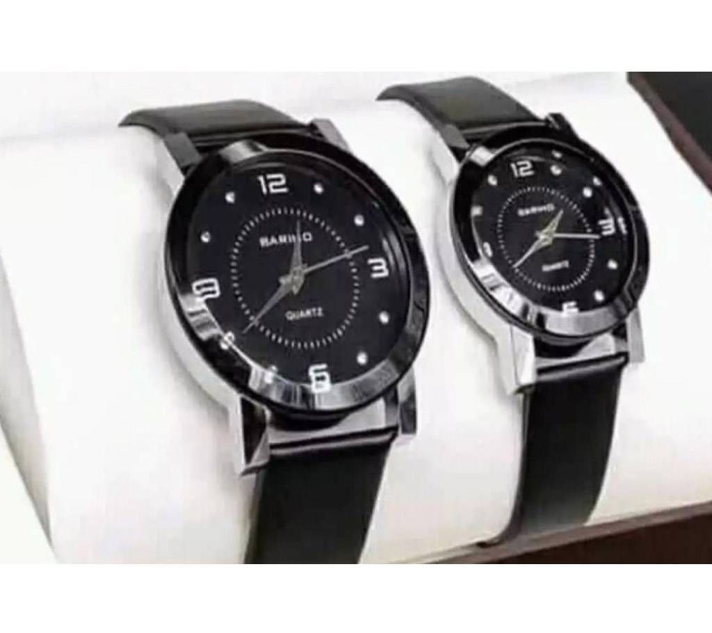BLACK LATHER ANALOG COUPLE WATCH
