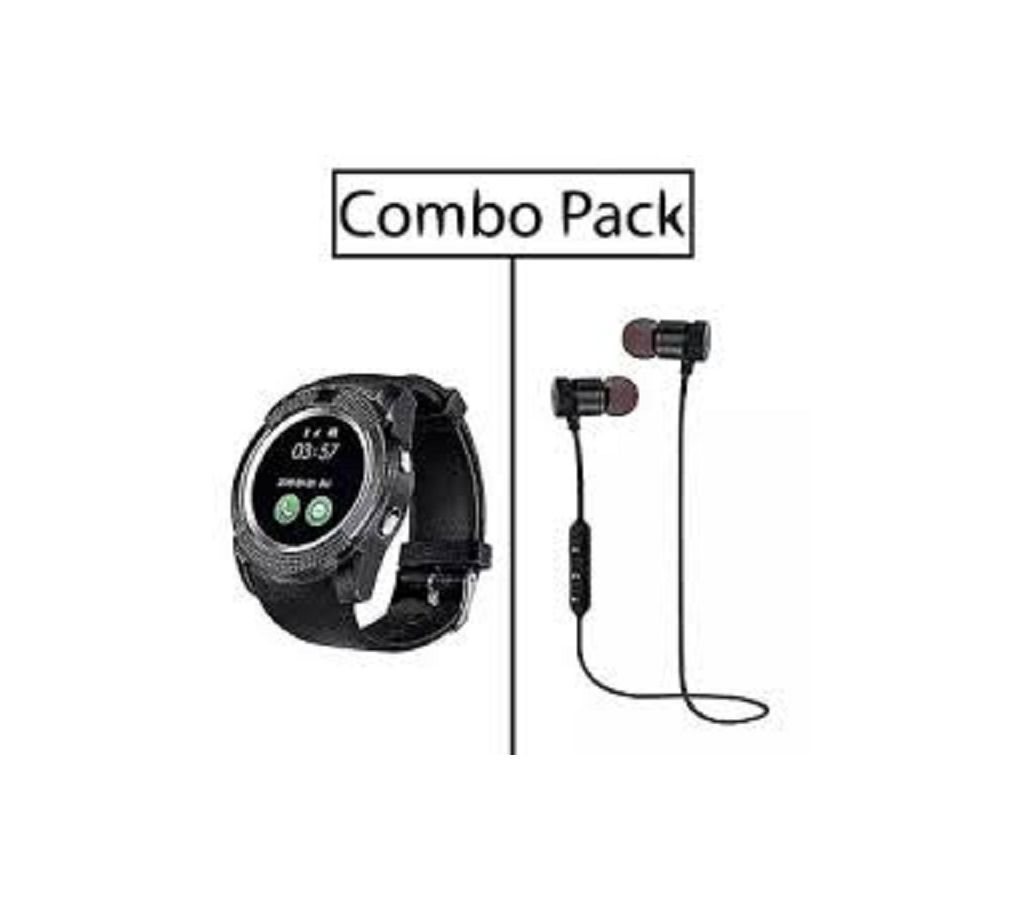 Combo of V8 Smart Watch and Stereo Super Bass Wireless Earphone
