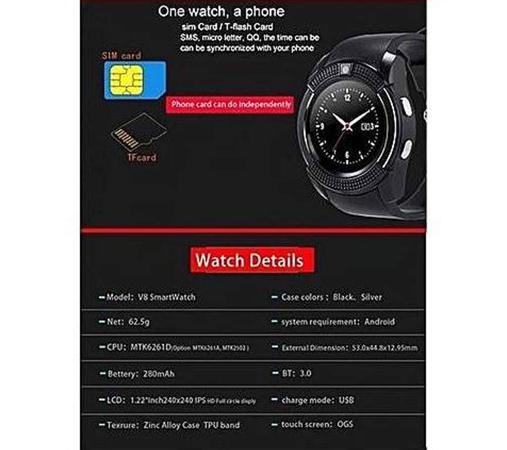 V8 Single SIM Supported Smartwatch 