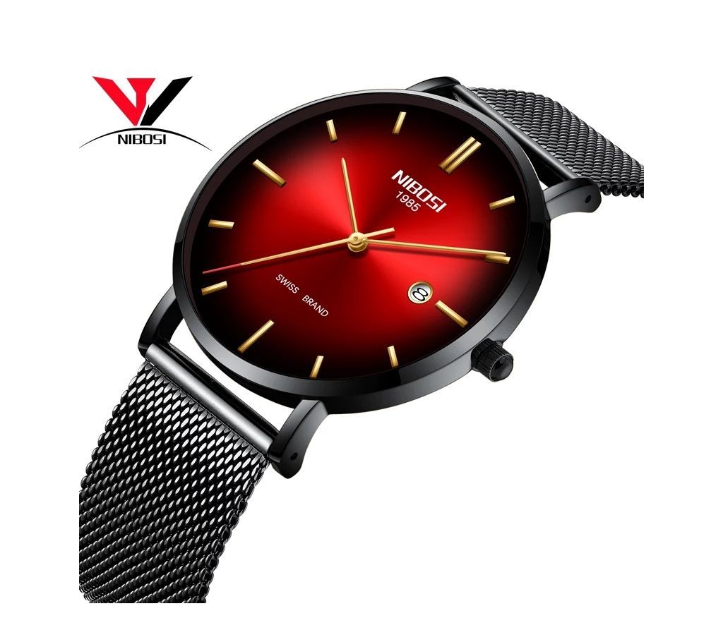 NIBOSI Mens Ultra Thin Black-Red Wrist Watch