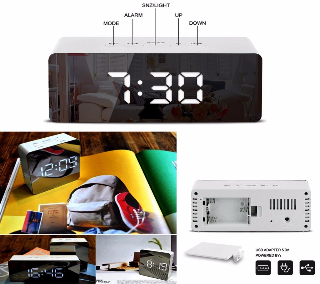 LED Mirror Alarm Clock Digital Snooze Table Clock