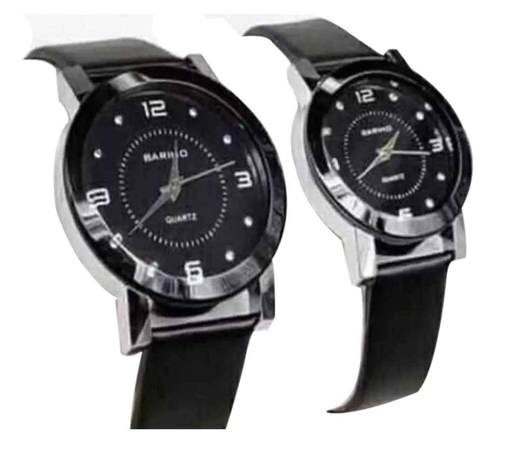 Black Leather Analogue Couple Watch