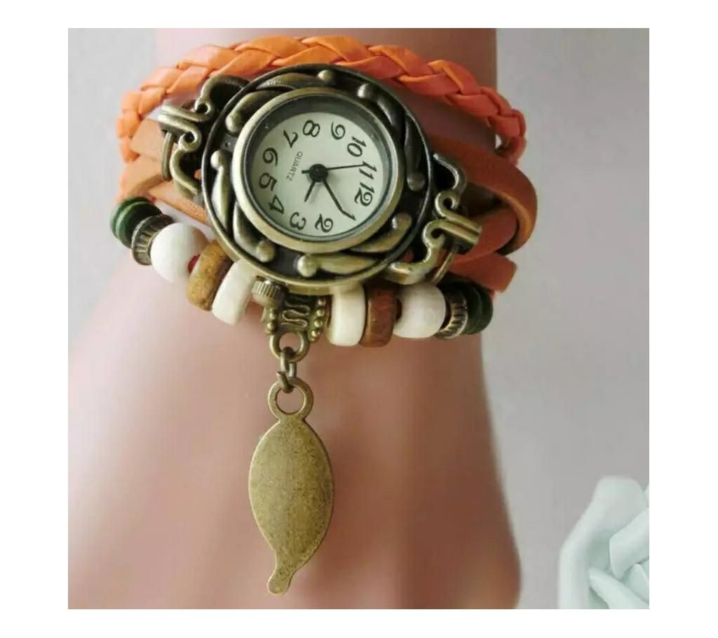 women quartz lether leaf braccelat wrist watch