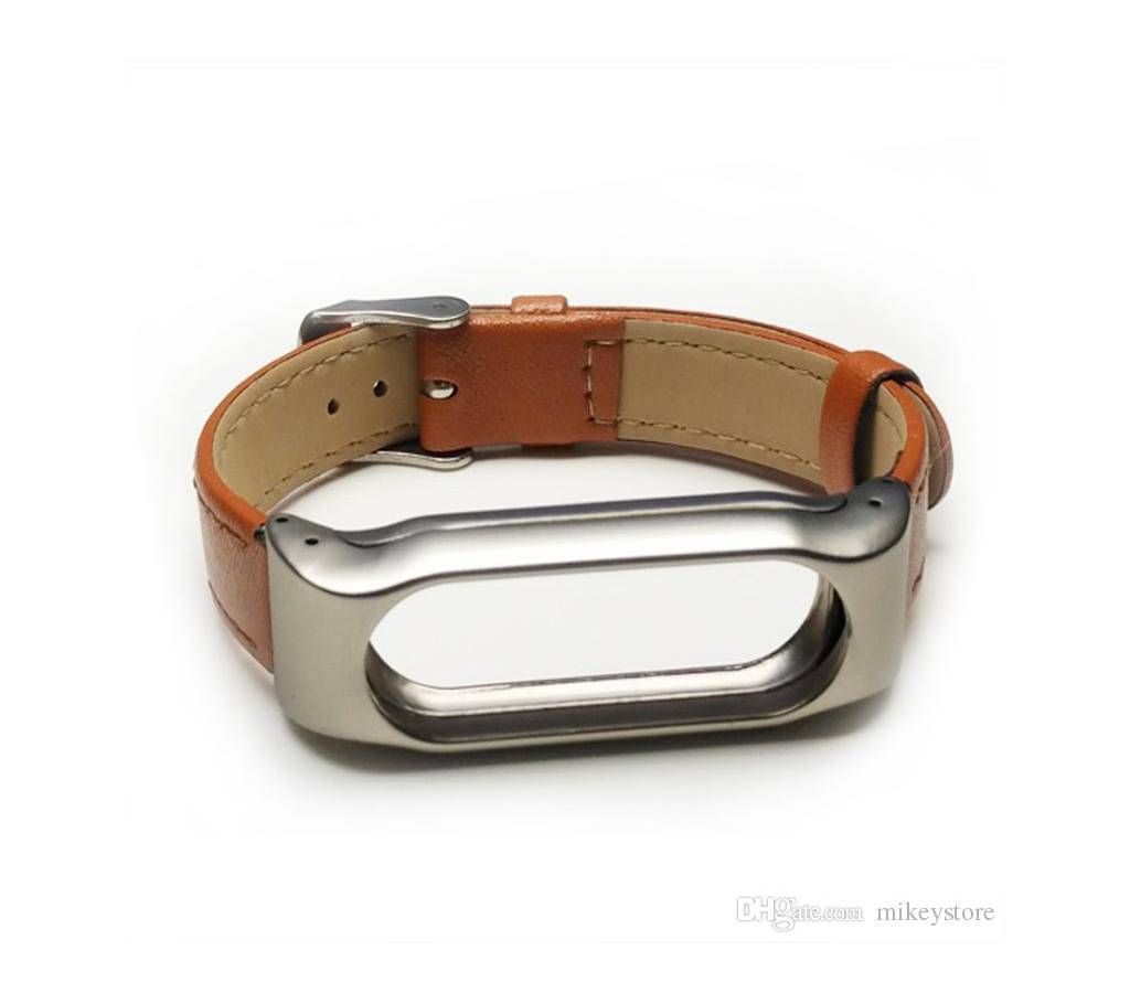 Mi Band 2 Metal Leather Strap Belt Wristband - Brown