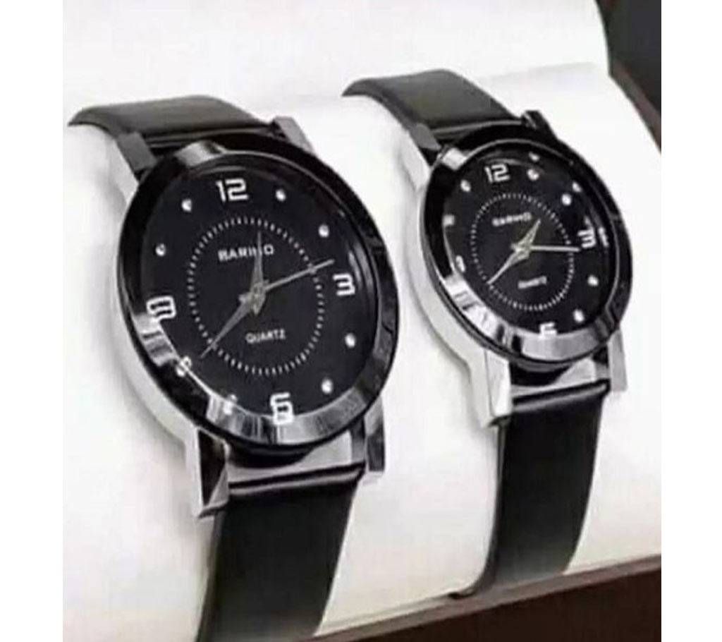 Black Leather Analog Couple Watch
