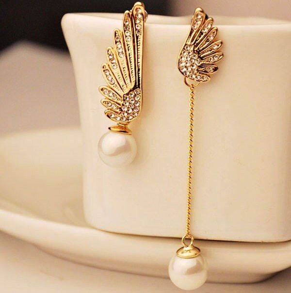 New Fashion Lady Angel Wings Crystal Artificial Pearl Pendant Asymmetrical Earrings