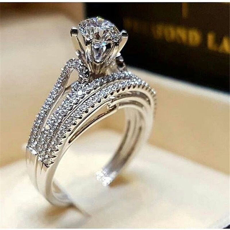 Trendy Crystal Ring Set Wedding Rings Women Geometric Luxury White Bridal Rings Jewelry Ladies Party gifts