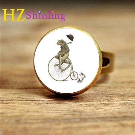 2017 New Style Animal Jewelry Green Sleepy Lazy Frog Adjustable Rings Bronze Ring Round Glass Dome Ring For Women