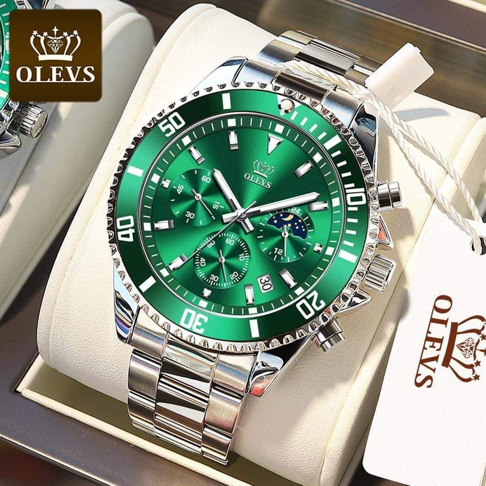 OLEVS Men's Chronograph Quartz Watches Green Dial Luxury Stainless Steel Watches For Men Waterproof Relogio Masculino Luminous