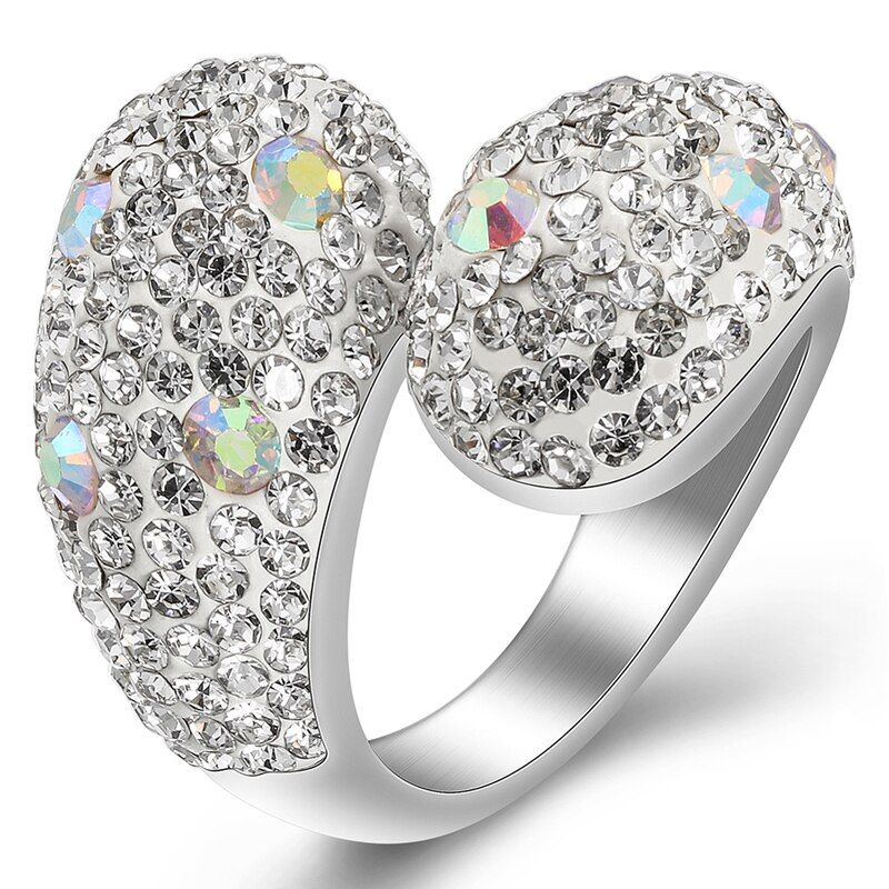Fashion 316L Stainless steel jewelry Ring With Crystals Women Double Round Crystal Head Rings for Wedding Party Accessories