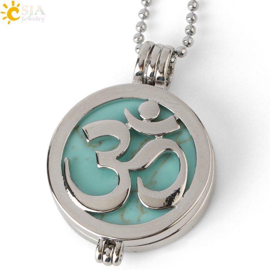 CSJA Natural Stone Yoga Pendant Reiki Crystal Quartz AUM Hollow Locket Necklace for Women DIY Essential Oil Diffuser G310