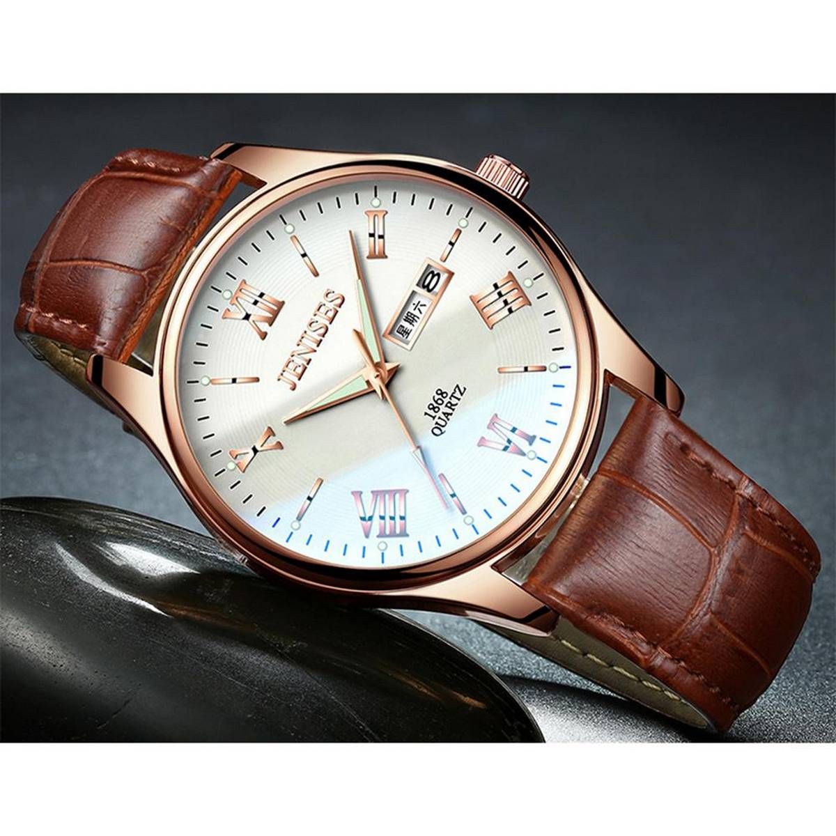 Multi Function Quartz Wristwatch Waterproof Watch With Leather Strap For Men