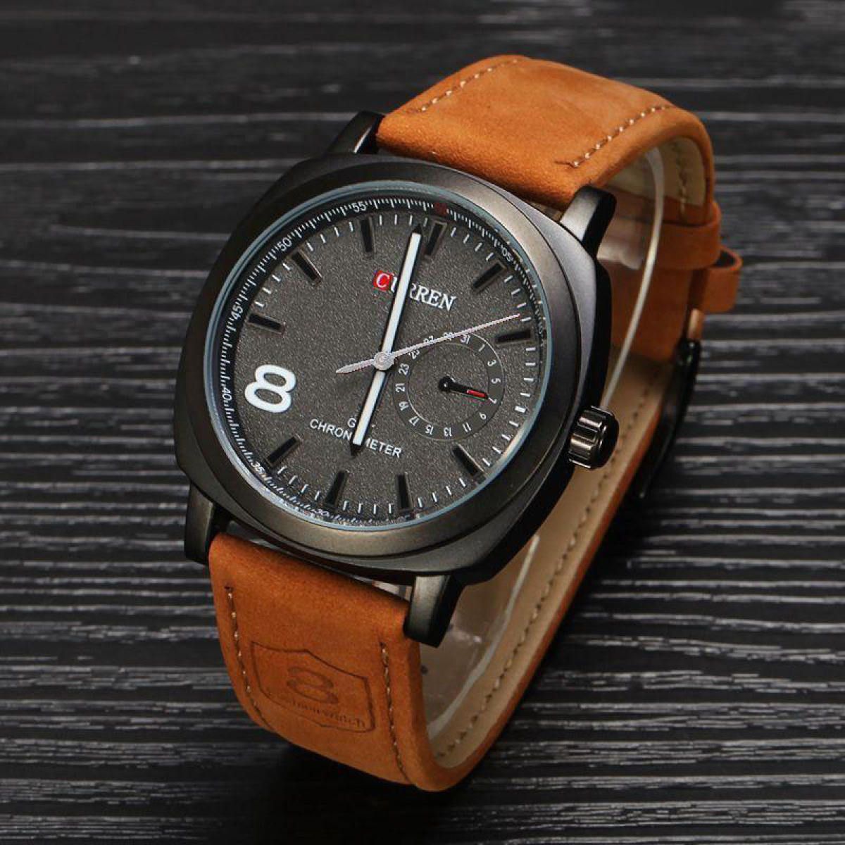CRN-8 Brown Leather Strap Stainless Steel Wrist Watch For Men(null)