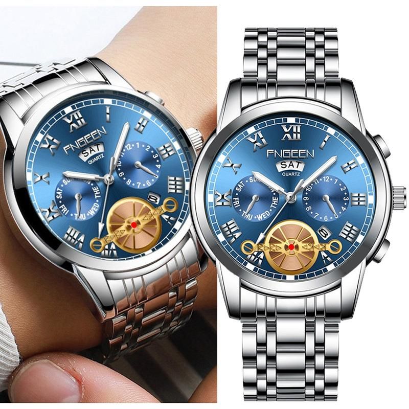 Men's Top Brand Double Calendar Watch Man Fashion Luxury Luminous Waterproof Watches Stainless Steel Wristwatch for Men + Free Gift Mens Bracelet