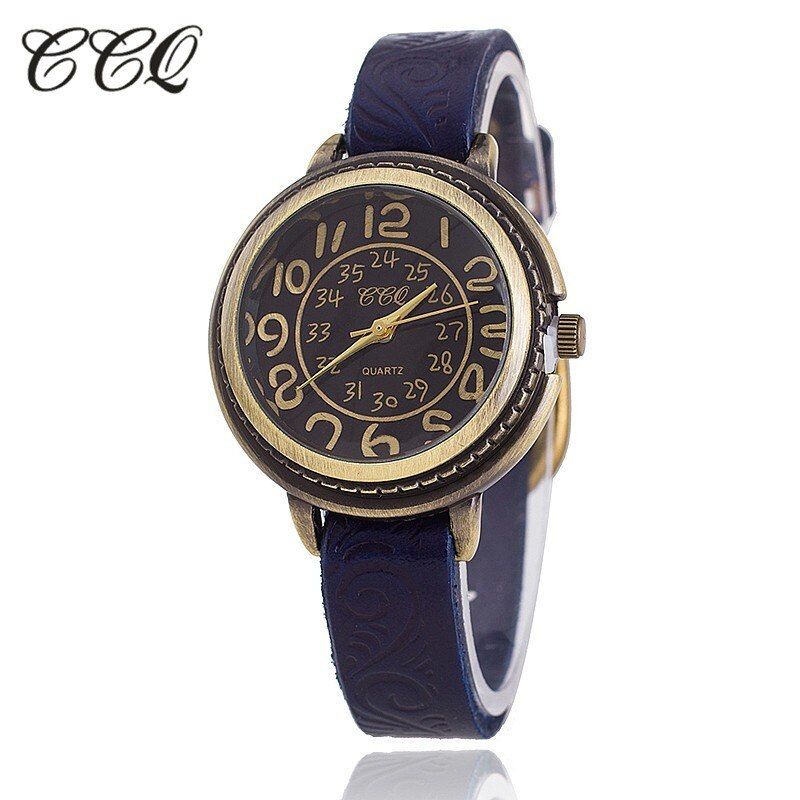 CCQ Brand Vintage Cow Leather Bracelet Watch Women Flower Engraved WristWatch Casual Luxury Quartz Watch Relogio Feminino