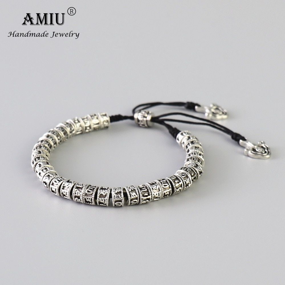 AMIU Tibetan Buddhism Beads Bracelet Six Words Mantra Handmade Black Antiqued Metal Amulet Beads Bracelet For Men