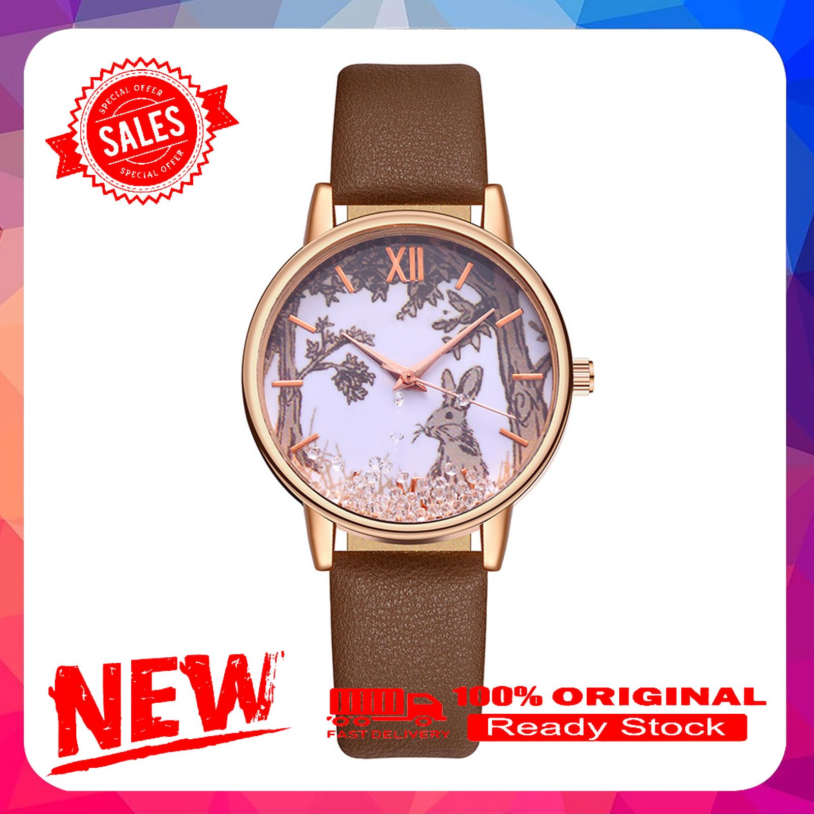 Rhinestones Women Quartz Watch Rabbit Pattern Quicksand Faux Leather Wristwatch