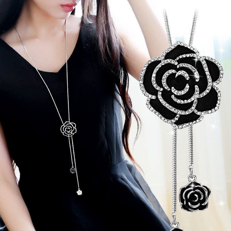 Korean Flower Pendant Necklace For Women Girl Crystal Sweater Chain Snake Link Charm Trendy Party Females Jewelry