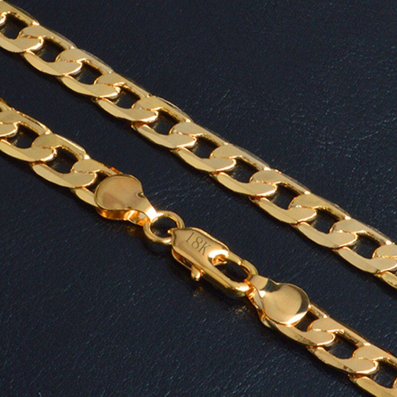 OMHXZJ Wholesale Personality Fashion OL Woman Girl Party Wedding Gift Gold 8MM Figaro Chain 18KT Gold Stamp Chain Necklace NC151