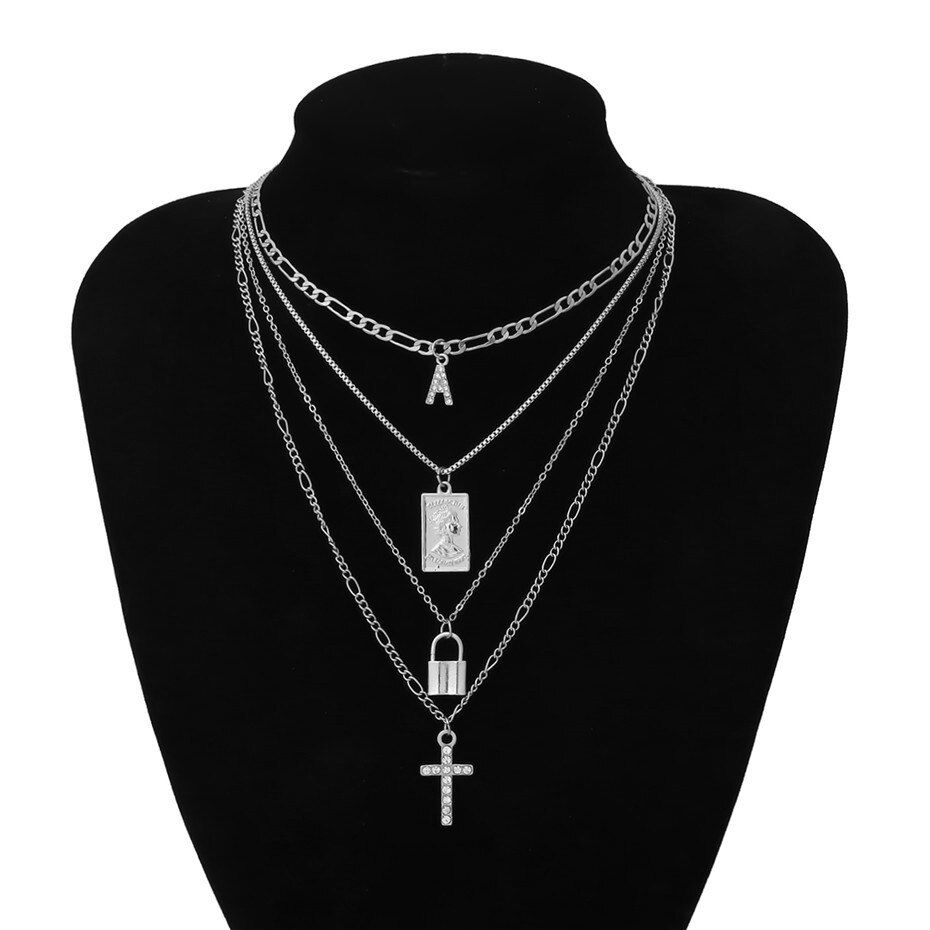 Punk Gothic Crystal Cross Pendant Choker Necklace Women Charm Love Lock Carved Portrait Layered A Letter Chain Necklace Jewelry