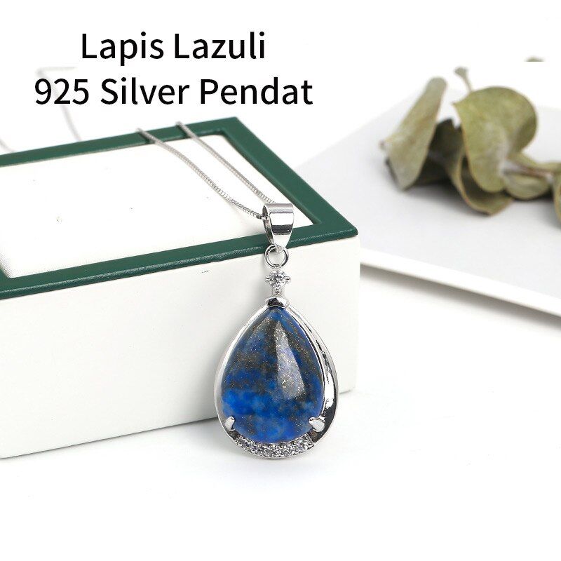 JD New 925 Sterling Silver Color Natural Teardrop Jasper Green Jade Rose Quartz Crystal Agate Lapis Lazuli Gem Pendants Necklace
