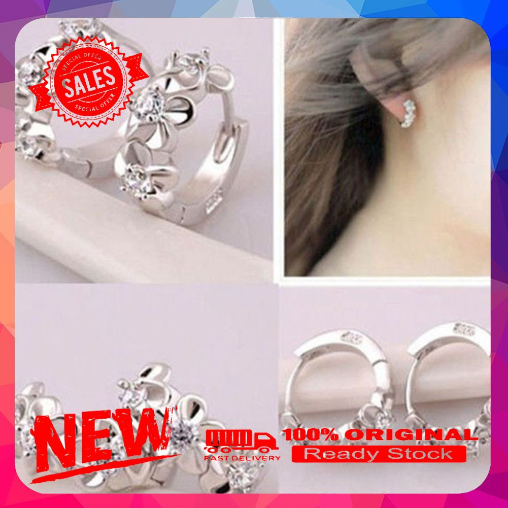 Women Elegant Flower Shiny Rhinestone Huggie Hoop Earrings Silver Plated Jewelry