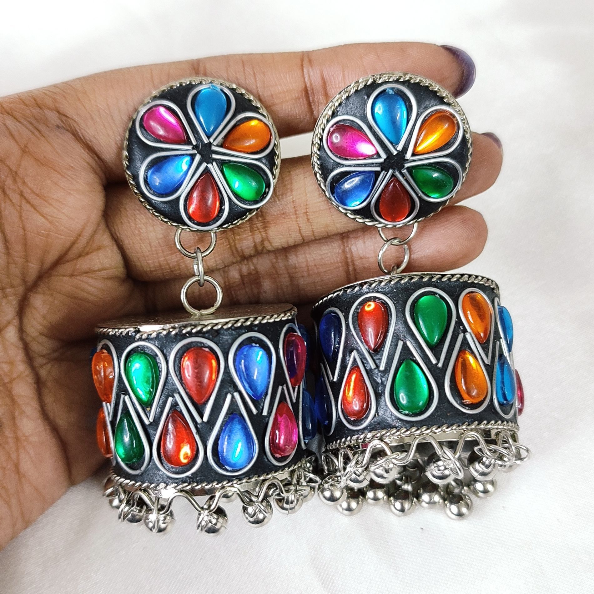 Joypuri Bead work Gajra Jhumka With Crystal Mirror Work Meena Earring set for women