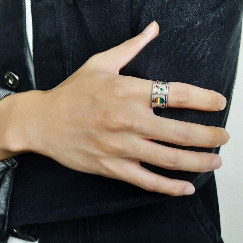 Fashion Rainbow Love Rotatable Stainless Steel Rings LGBT Gay Pride Spinner Ring Jewelry for Men