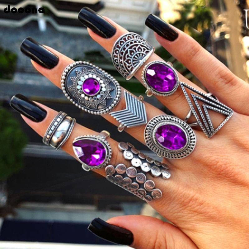 Docona Bohemia Geometric  Fashion Vintage Gold Silver Color Finger Rings Sets For Women Ladies Jewelry Drop Shipping