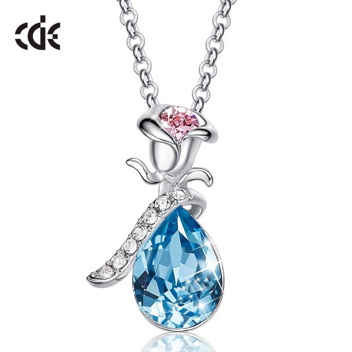 CDE Women Gold Color Rose Flower Necklace Pendant with Crystals from Swarovski Teardrop Jewelry Fashion Romantic Valentine's Day
