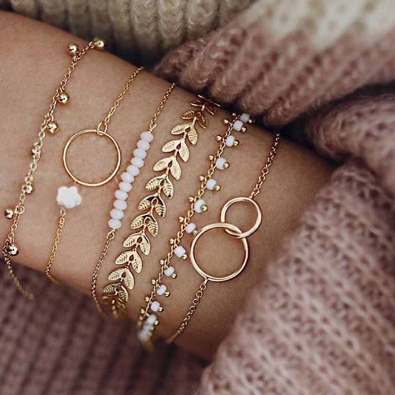 FashionApple 6Pcs/set Boho Bracelet Set Women Tassels Leaves Circular Chains Bangle Jewelry