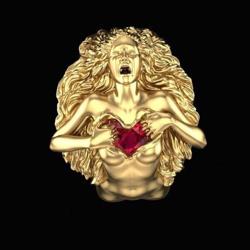 Fashion Women Gold Color Ring Wedding Gift with Red Heart Shape Stone Female Engagement Lovely Trendy Punk Jewelry Accessories