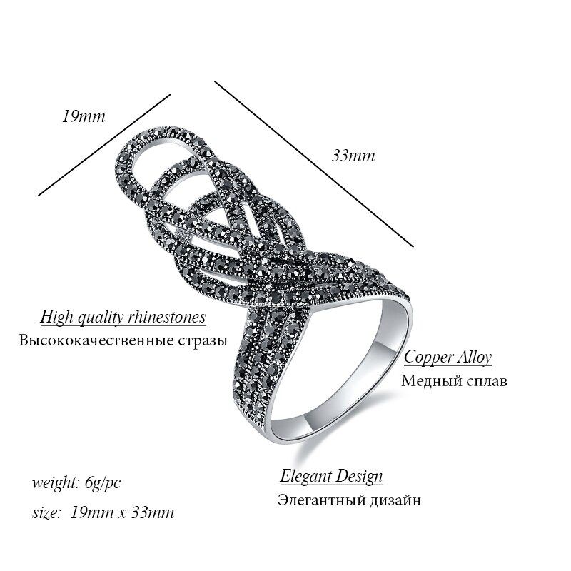 Ajojewel Brand New Size 7-10 Statement Exaggerate Ring Full of Black Rhinestones Vintage Crown Anel For Women Party Accessories