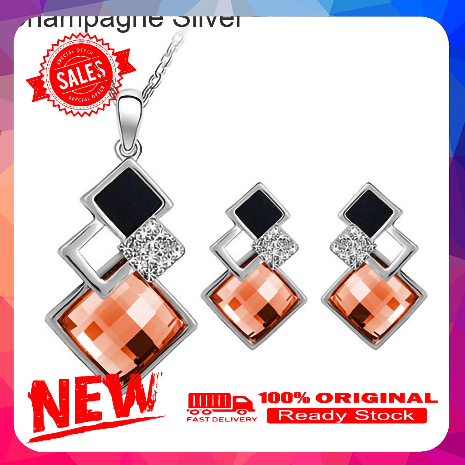 2Pcs/Set Geometric Pendant Necklace Earrings Set Faux Crystal Alloy Shiny Bridal Stud Earrings Necklace Set Jewelry Accessory